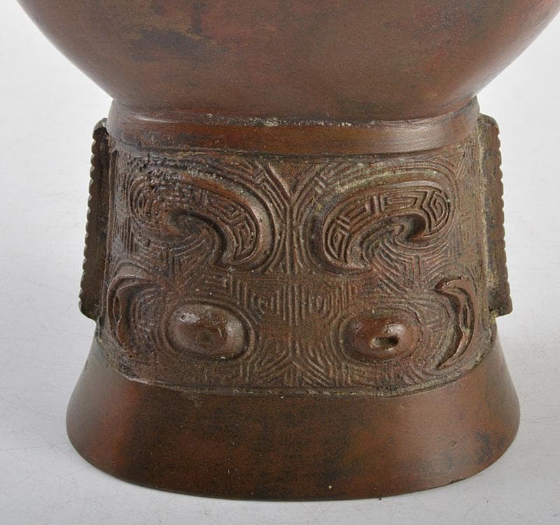 亀文堂造　古銅　饕餮文　双耳花生　共箱　M　R4781