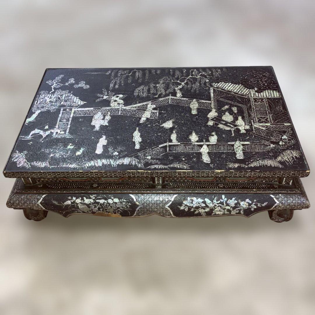 螺鈿細工　平卓　香炉台　花台　飾り台　木製　中国古玩　唐物　人物　骨董品