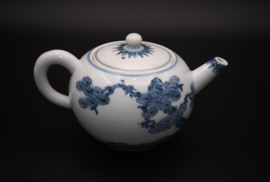 初代三浦竹泉作 青華着色松画 急須 共箱