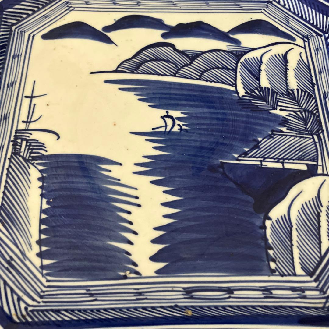 #幕末明治　染め付け　山水図　角切皿　銘入り