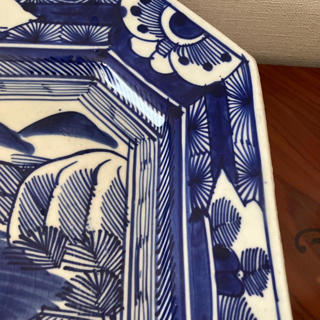 #幕末明治　染め付け　山水図　角切皿　銘入り