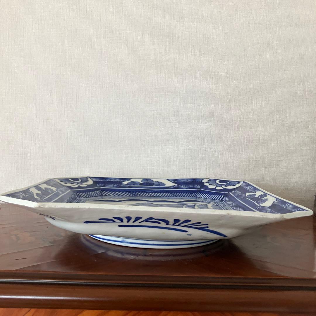 #幕末明治　染め付け　山水図　角切皿　銘入り