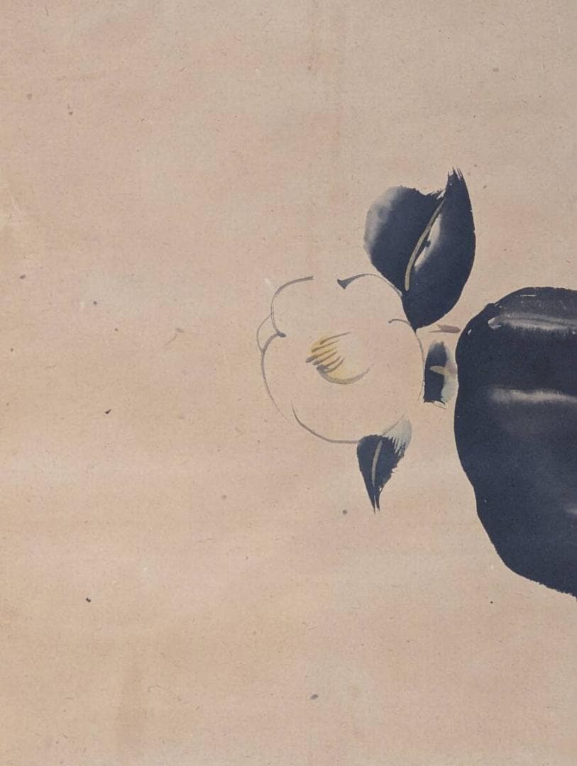 【真作】掛軸　墨椿図　力強い筆致の禅画風　余白美　二重箱入（合箱）　T199