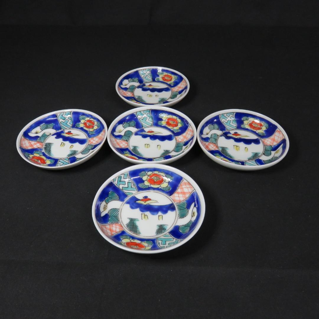 小皿 5枚 色絵 山水 花 江戸 明治 窯傷