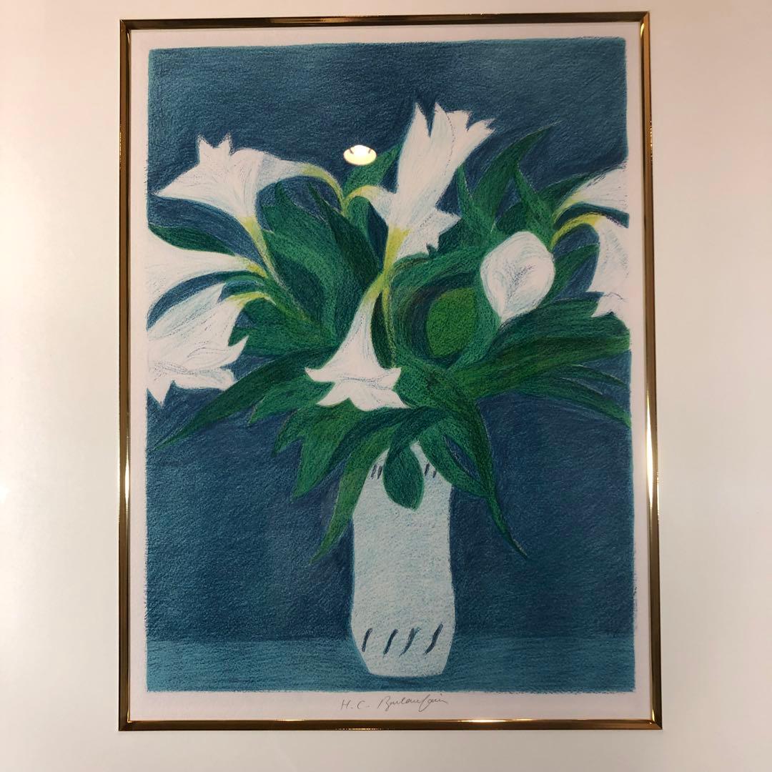 ボンコンパン　「百合の花束」 リトグラフ　作家直筆サイン入り　額縁付絵画　美品