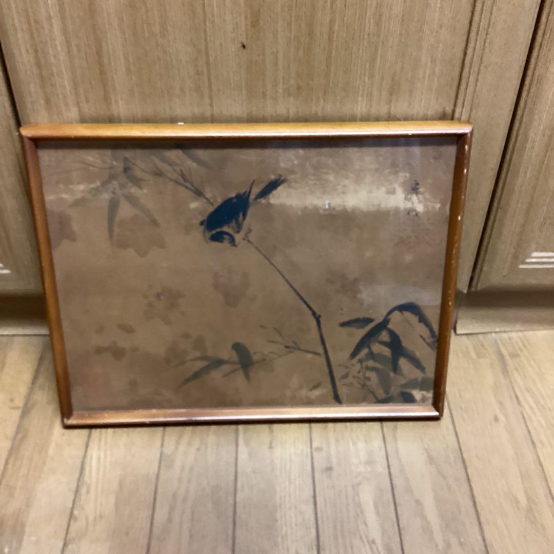 狩野法眼　守信　紙本水墨花鳥図【　竹に小禽図　】　軸外し額装仕立　模写　EJ