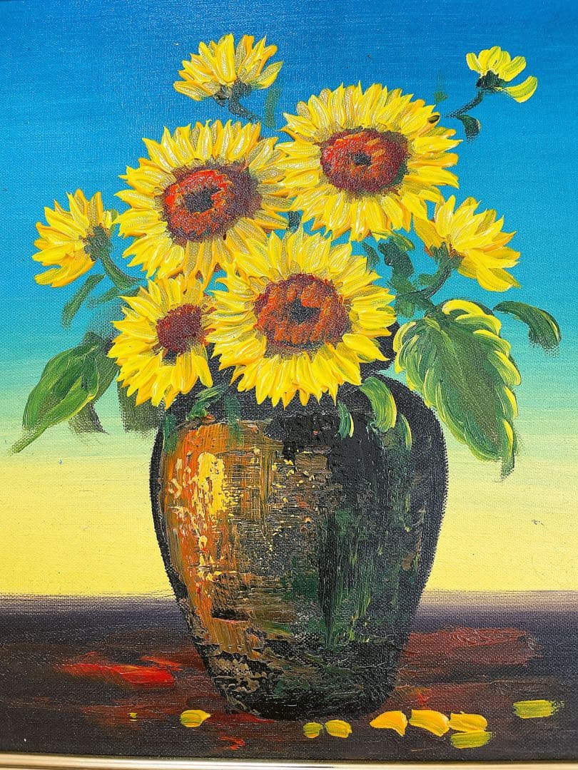 ひまわりの油彩画 木製フレーム付き