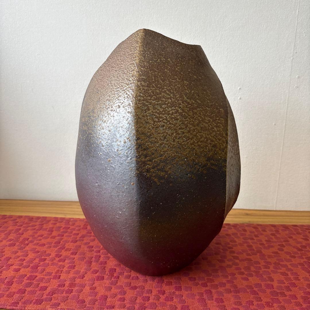 山下譲治 備前扁壷 綾線文扇壺 共箱共布栞 高さ約38ｃｍ 師(人間国宝伊勢崎淳