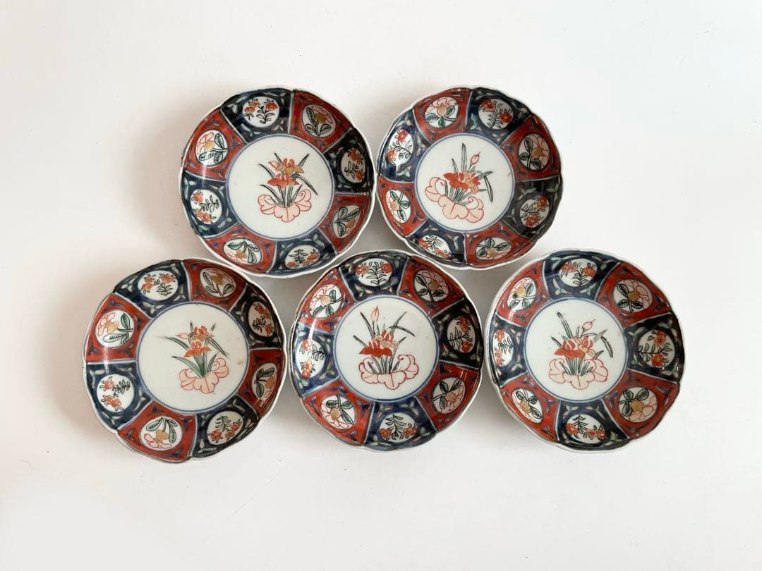 骨董　アンティーク　古伊万里　色絵　芙蓉手　菖蒲図　小皿　5枚