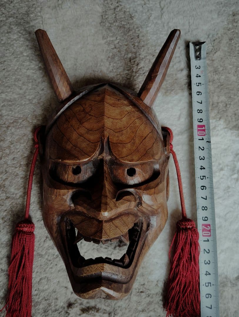 骨董品　アンティーク　木彫り工芸品　木製面　鬼面　迫力満点　彫り師名あり