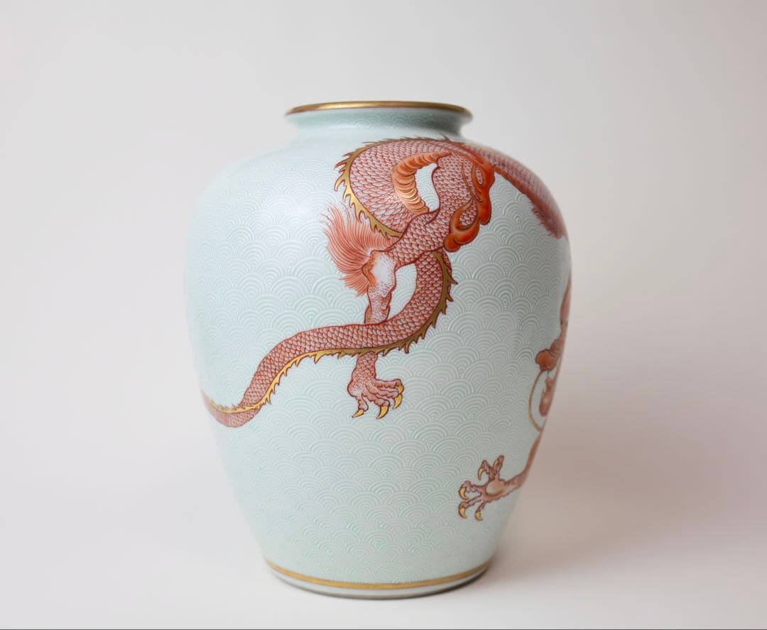 九谷焼 榮山 青海波 赤絵 龍 辰 花瓶 茶道具