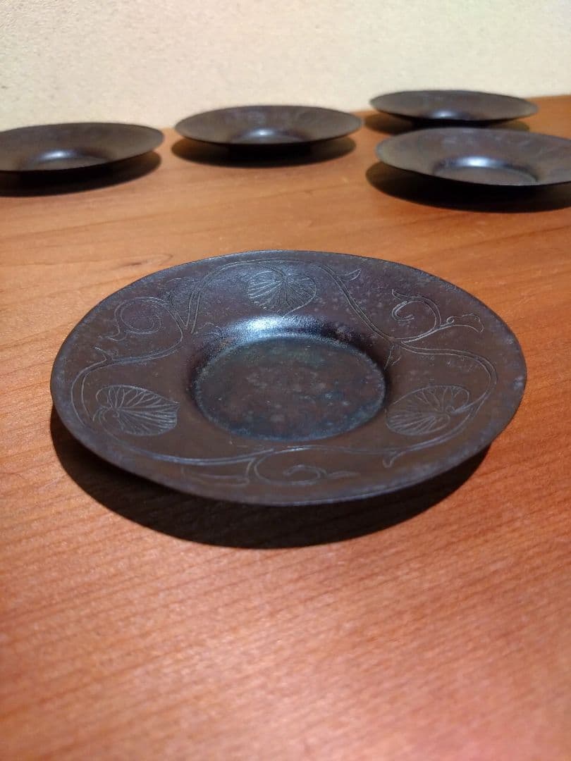 鉄の煎茶道具 鉄製 三つ葉葵 繋ぎ紋 茶托 五客 鉄器 茶道具