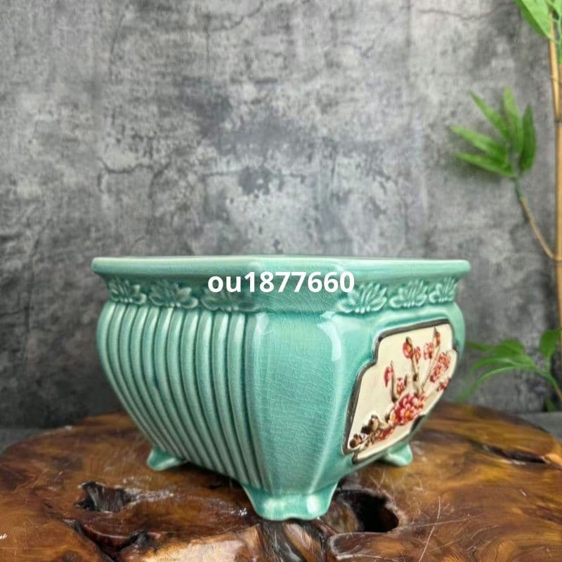 四方緑氷割れ手彩浮彫鉢 盆栽鉢 青磁鉢 多肉植物 植木鉢 小品大品盆栽鉢 置物