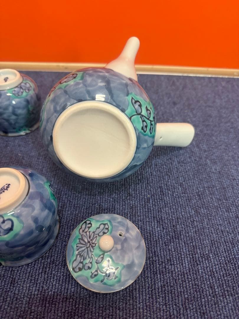 1716  源右衛門窯　青彩菊絵　茶器セット　急須1客　湯呑5客　未使用