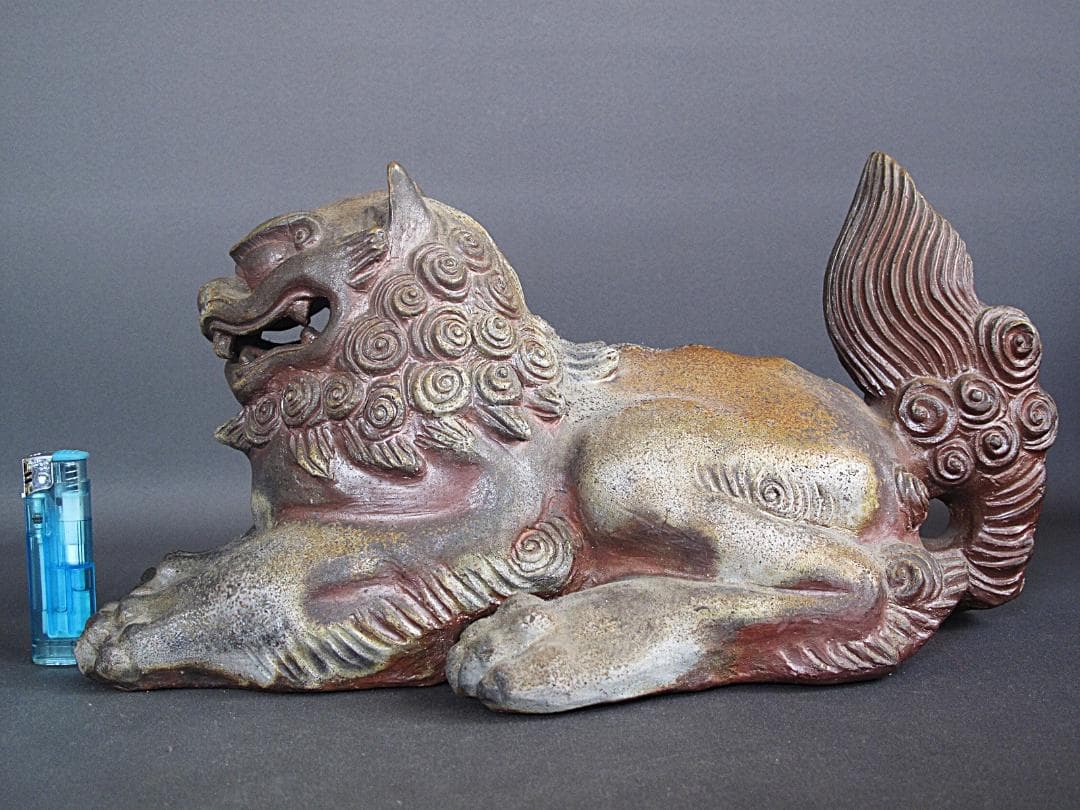 優品‼ 備前名工! 藤原陶斎 作『獅子置物』細工物 高19.5㎝ 横38㎝