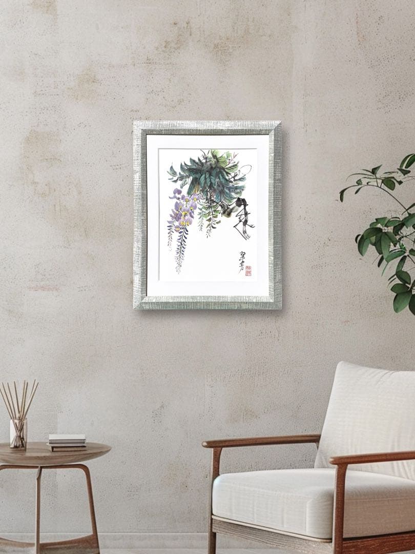 【古口翠芳/Suihou Koguchi】墨彩画　藤　木製額縁付き