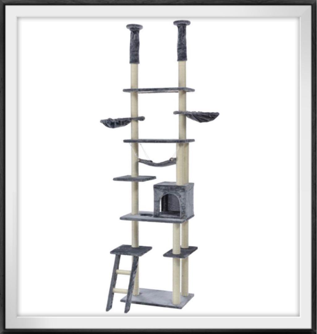 キャットタワー　突っ張り式　灰色　グレー　全面麻紐　猫用品　多機能