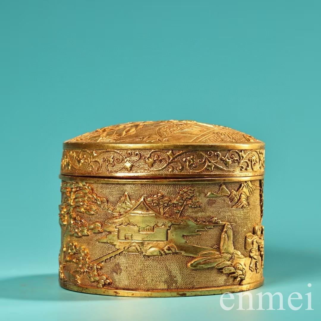 中国古美術・珍品旧蔵の高浮彫鎏金錾彫刻花「百子図」・装飾箱・果物箱・文房・純銅製