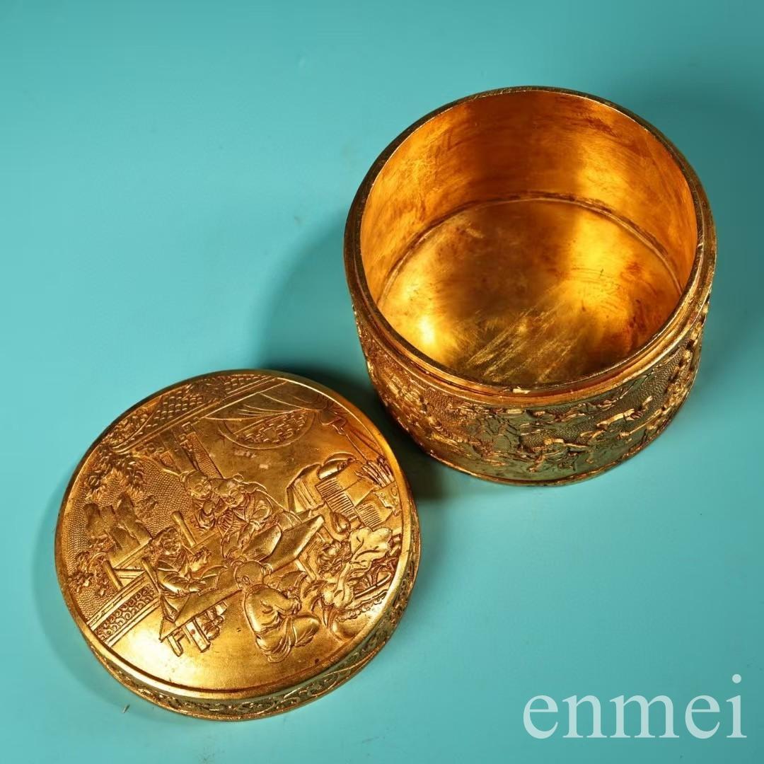 中国古美術・珍品旧蔵の高浮彫鎏金錾彫刻花「百子図」・装飾箱・果物箱・文房・純銅製