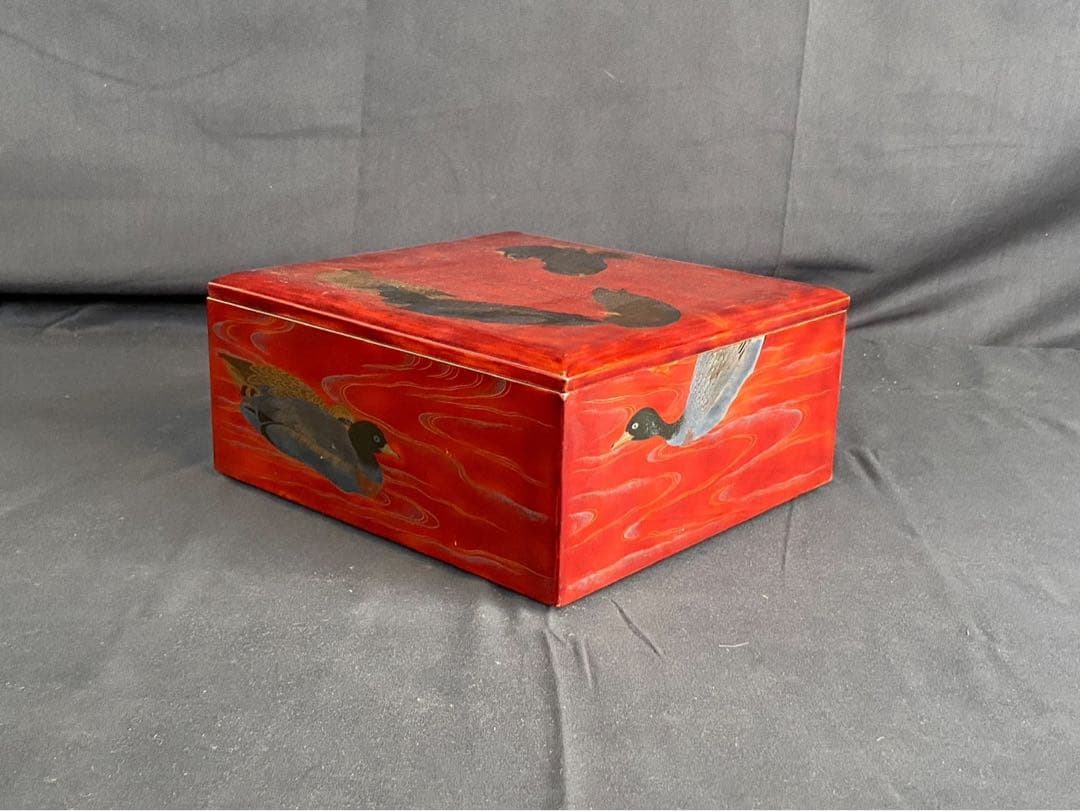 時代漆器 金銀 鴨蒔絵 紅溜 五段重箱 二枚蓋 共箱 木製 / 輪島塗