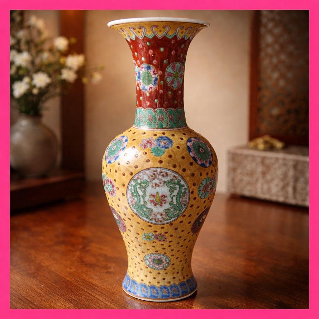 ●【中国美術】粉彩 黄地花文 瓶 景徳鎮製 赤絵 花瓶 清朝様式 骨董 古美術