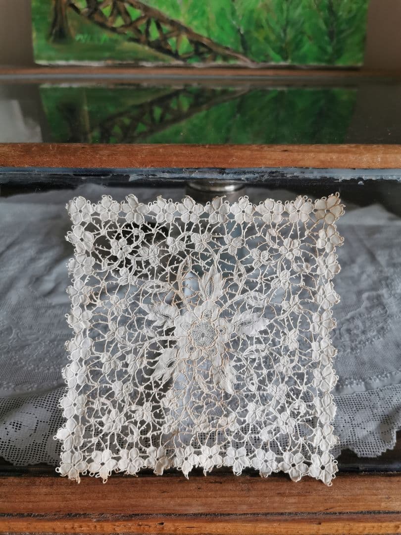 1800年代 キャリックマクロスレース精緻なカットワーク&ニードル刺繍 三つ葉花