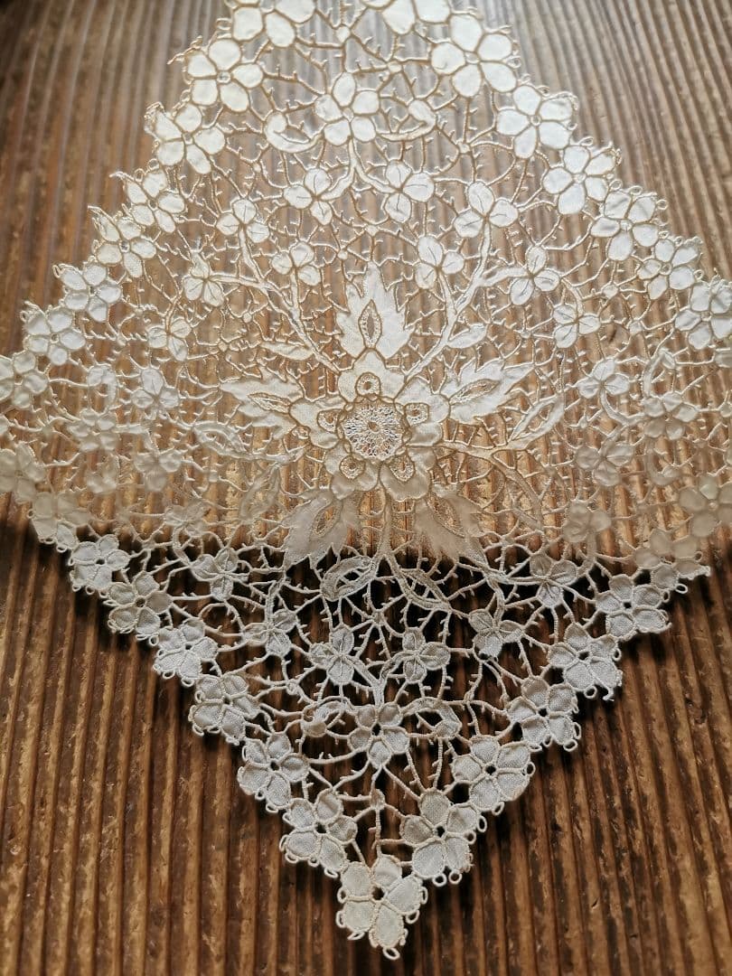 1800年代 キャリックマクロスレース精緻なカットワーク&ニードル刺繍 三つ葉花
