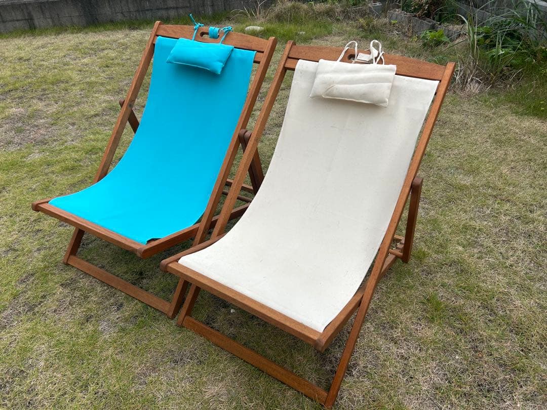 デッキチェア 木製フレーム ２脚セット（３段リクライニング）