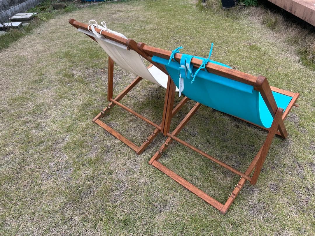 デッキチェア 木製フレーム ２脚セット（３段リクライニング）