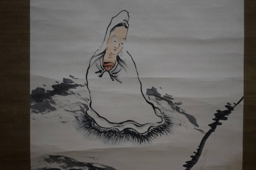 真作/田近竹邨/岩上白衣観音図/河野秋邨の桐極箱付/布袋屋掛軸HG-418