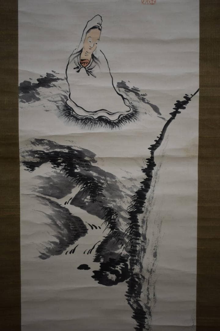 真作/田近竹邨/岩上白衣観音図/河野秋邨の桐極箱付/布袋屋掛軸HG-418