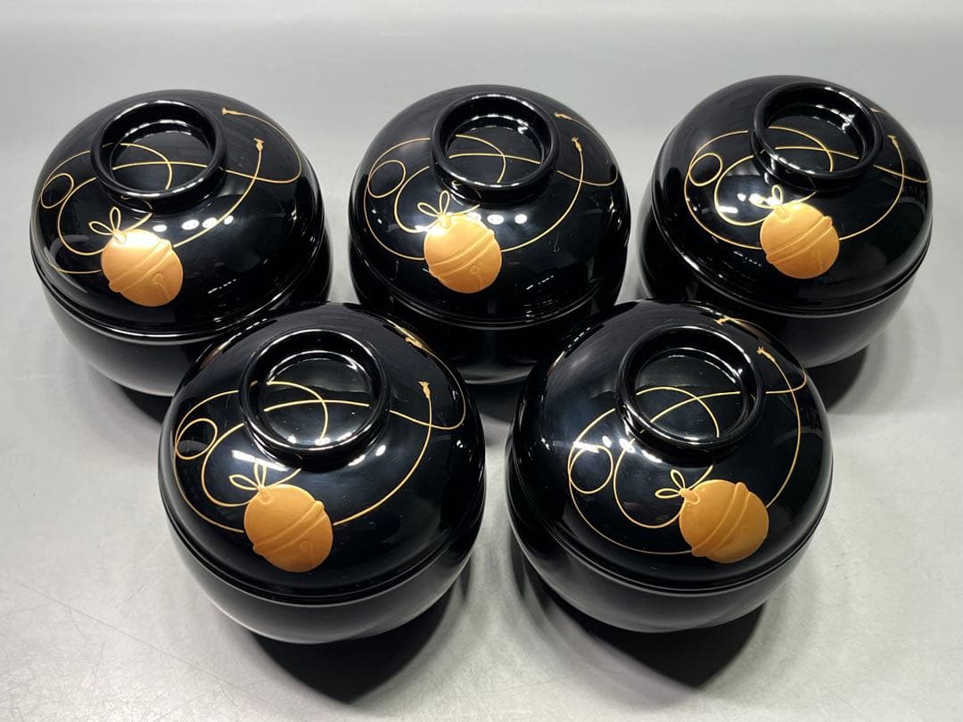 越前塗　黒鈴椀　金蒔絵　五客　天然木　本漆手塗　未使用品　三越販売