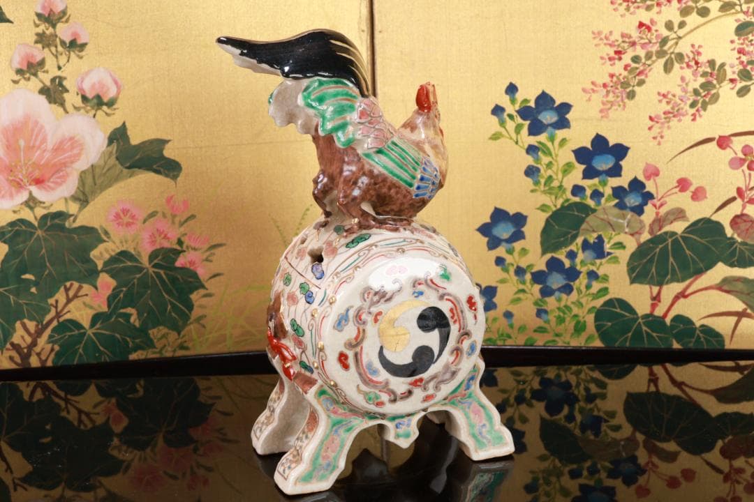 たかリン、仁清銘　京焼染錦　太鼓型　香炉　床飾　置物　野々村仁清　BE88