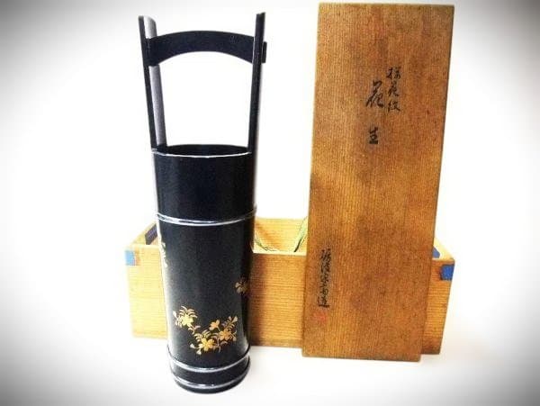 加賀塗師 砺波宗斎 桜花文 桶樽型 花生 天然木 本漆器 時代物