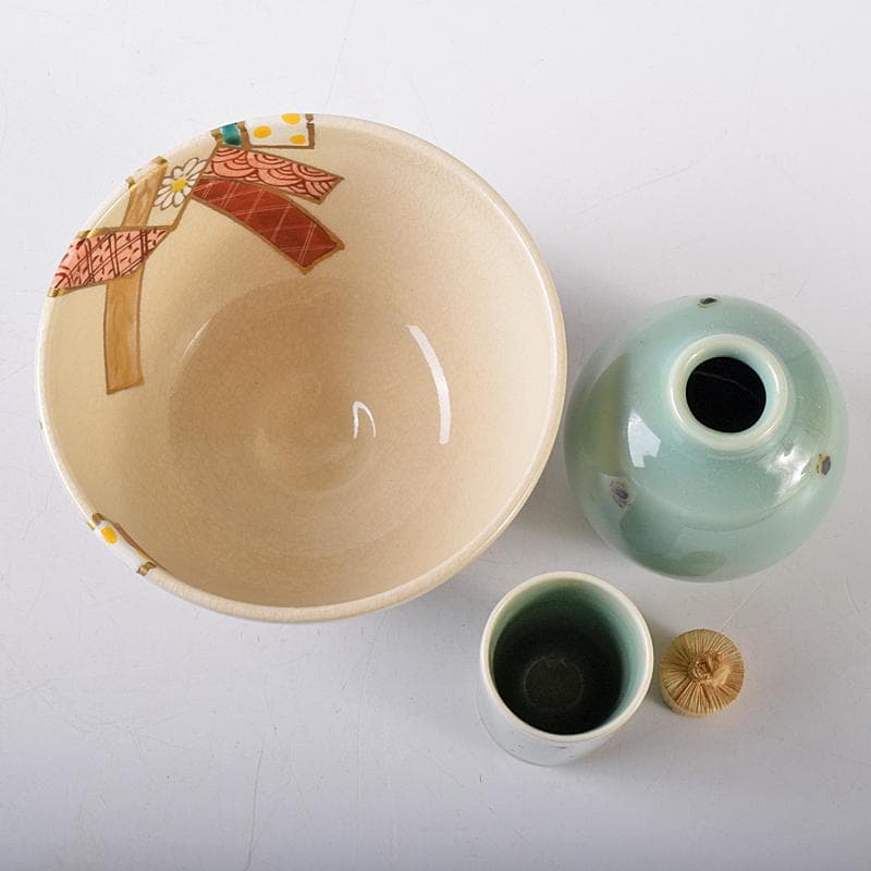 茶道具　利休茶箱　京焼　川添寿楽造　茶碗　飛青磁振出など　九点一式　VR8704