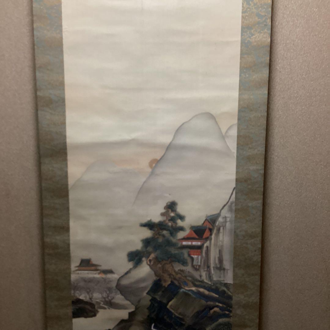 橋本雅邦筆【絹本、楼閣山水図　着色画】岩絵具使用【橋本秀邦　鑑識箱】模写NO92