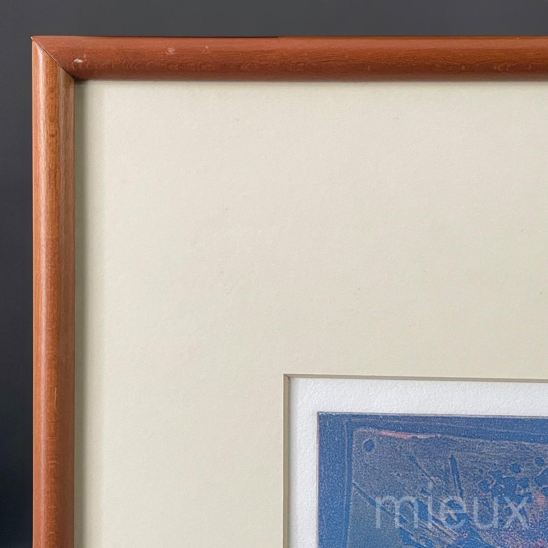 ガラス内側清掃済：広田釗子「花（青×銀）」EA版 エッチング 額付 サイン入り