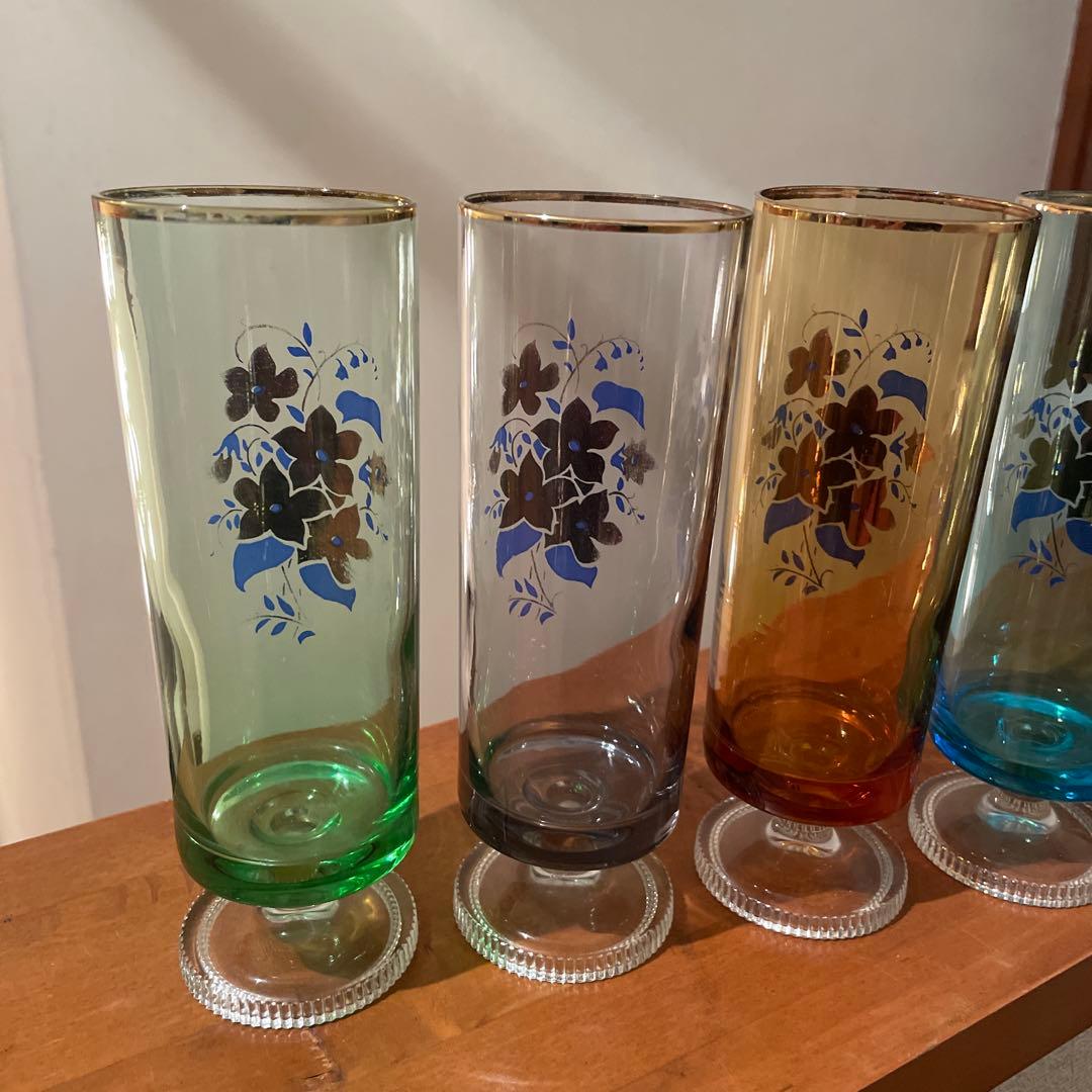 超希少　レア　昭和レトロ　アデリア　花柄　脚付きグラス　４セット