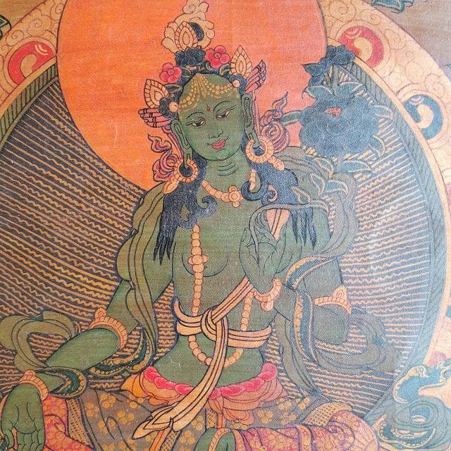 グリーンターラー　観音様の涙の化身・緑多羅菩薩：　タンカ　仏画（額縁なし）