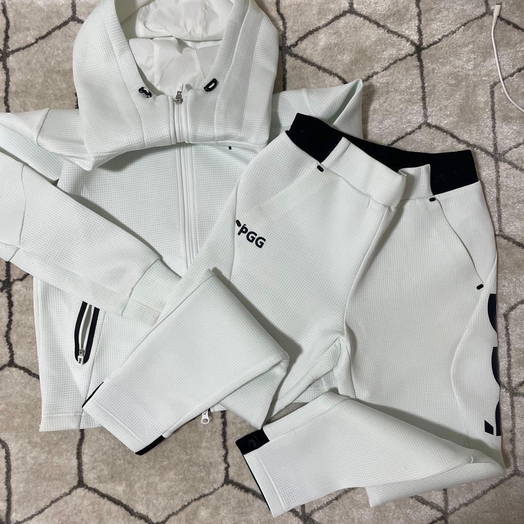 PGG メンズ ゴルフウェア フルジップパーカーとパンツ セット ホワイト