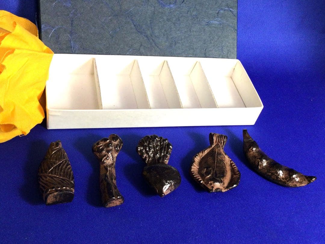 彫刻家 山崎猛 旬の好物 箸置き5個セット・在銘・金属工芸作品・会席・共箱付き