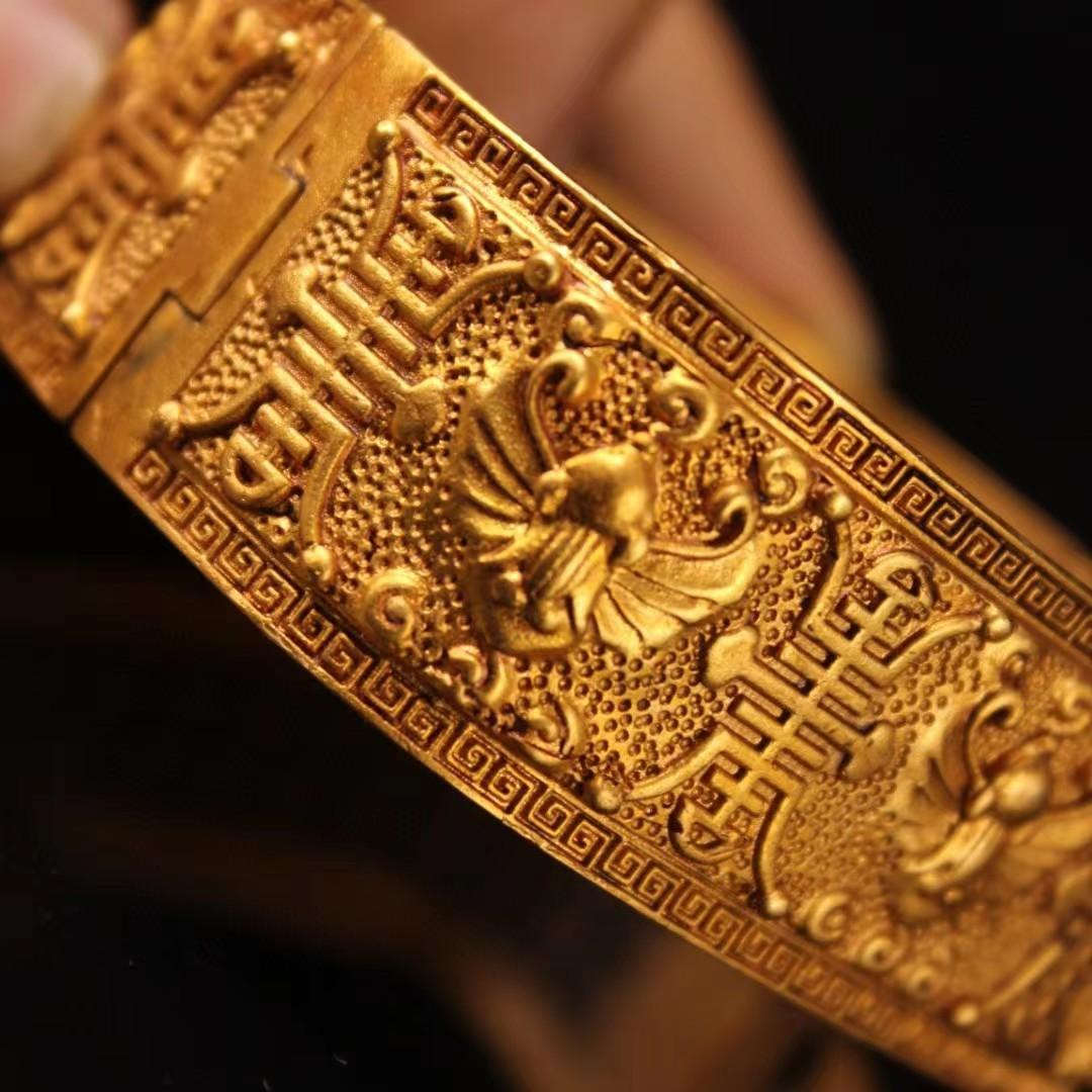 中国古美術・純銅鎏金ブレスレット・純手作り・細密彫・鏨刻鎏金・純銅製・高浮彫