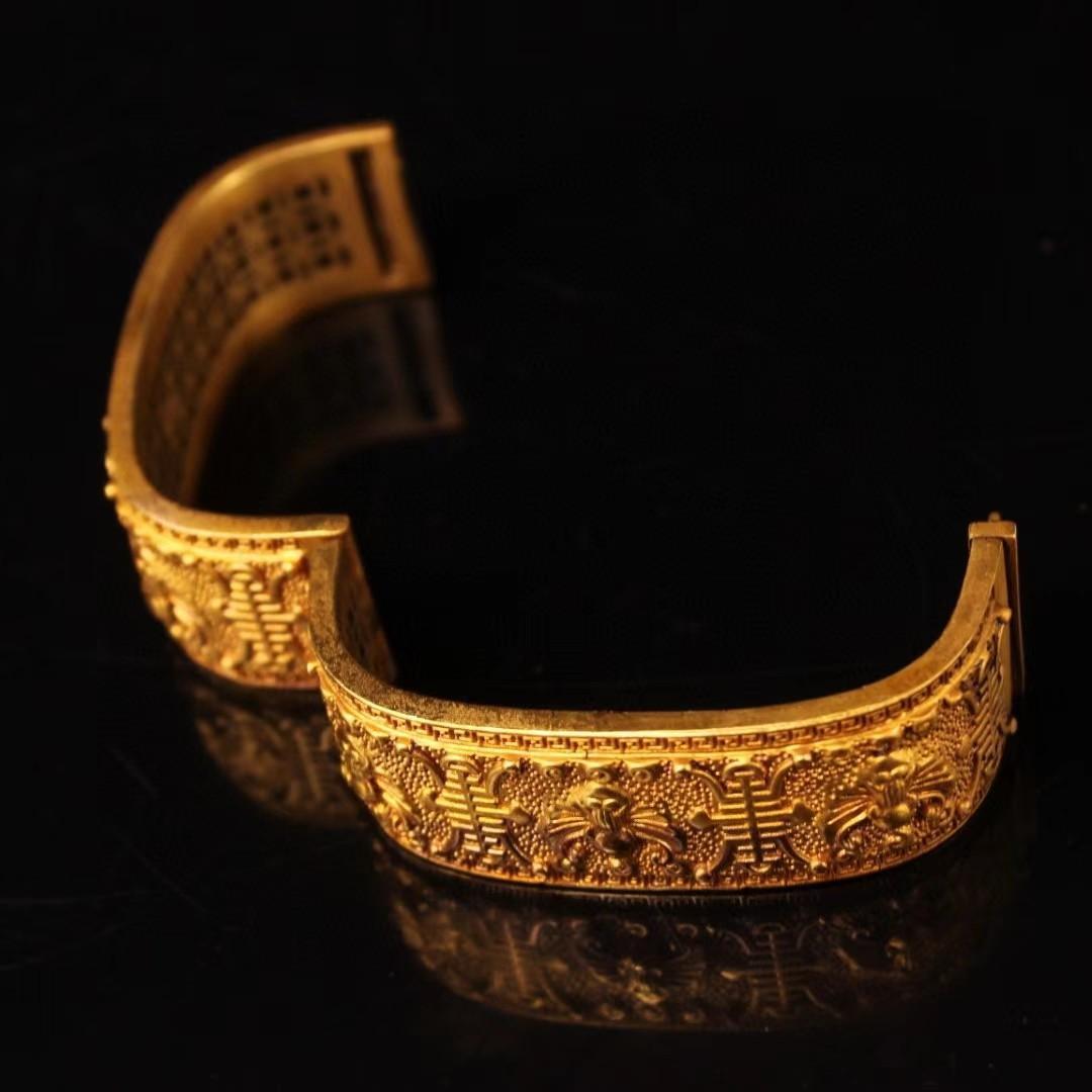 中国古美術・純銅鎏金ブレスレット・純手作り・細密彫・鏨刻鎏金・純銅製・高浮彫