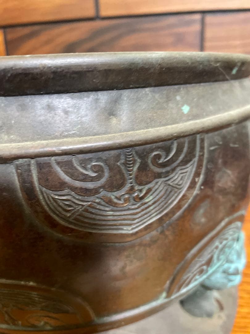 古銅　火鉢　獣三つ足　木台付き　骨董