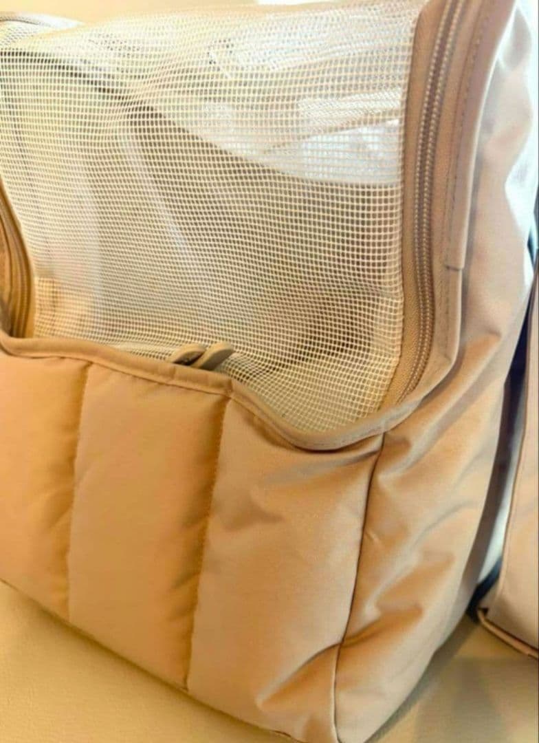 ジェラートピケ　キルティング キャリーバッグ　DOG 犬 ベージュメッシュ窓付き