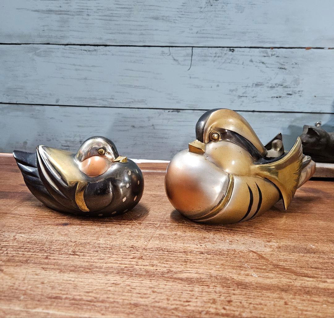アンティーク 鴛鴦の置物 在銘 銅 鍍金銀 金工 おしどり 一対 香炉 旧家蔵出