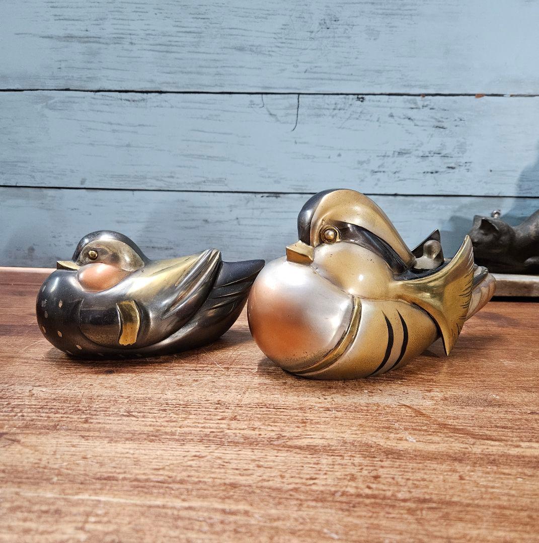 アンティーク 鴛鴦の置物 在銘 銅 鍍金銀 金工 おしどり 一対 香炉 旧家蔵出