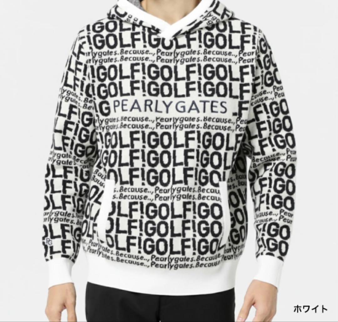 新品 パーリーゲイツ GOLF柄ジャガード ニット フーディ(4)サイズM/白