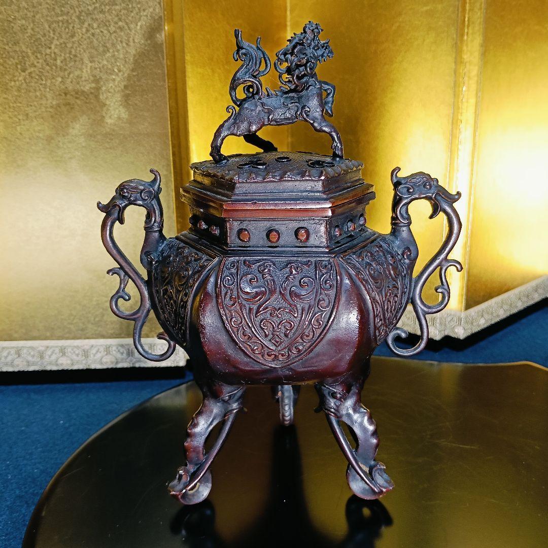 AL5 香保 金工師 香炉 蝋型 高岡銅器 麒麟摘 象足 三足 共箱
