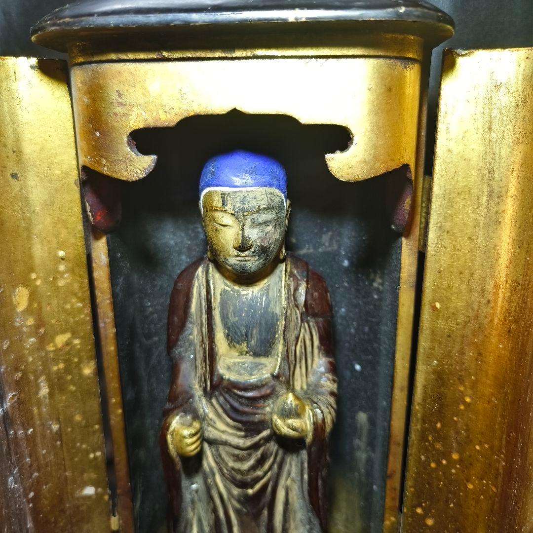 仏教古美術 漆金彩木彫り仏像 厨子付 骨董 アンティーク 蒐集家放出 旧家蔵出し